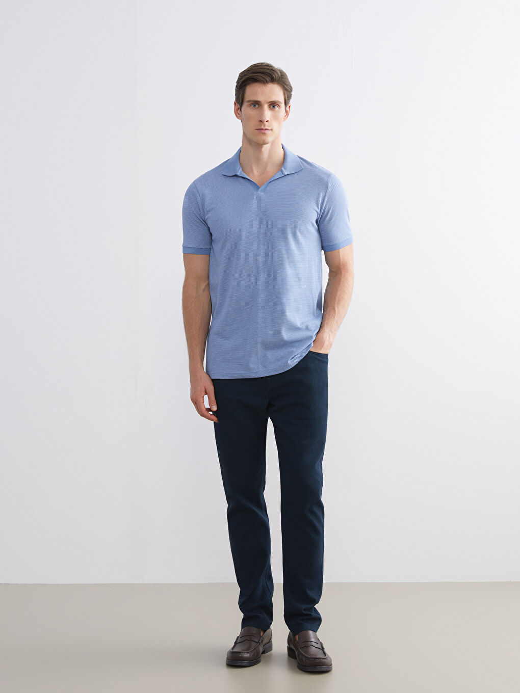 Mavi Polo Yaka Çizgili Penye Erkek Tişört-1