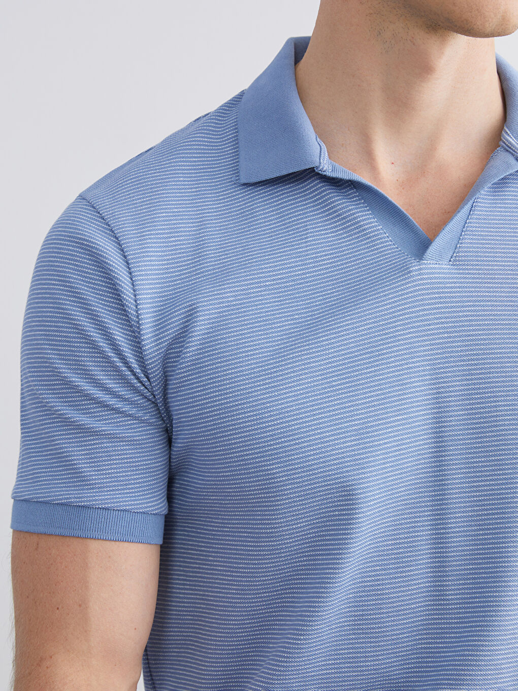Mavi Polo Yaka Çizgili Penye Erkek Tişört-2