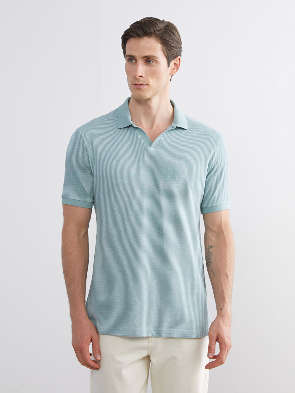 Yeşil Polo Yaka Çizgili Penye Erkek Tişört