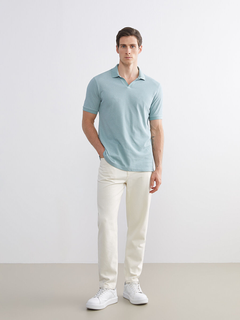 Yeşil Polo Yaka Çizgili Penye Erkek Tişört-1