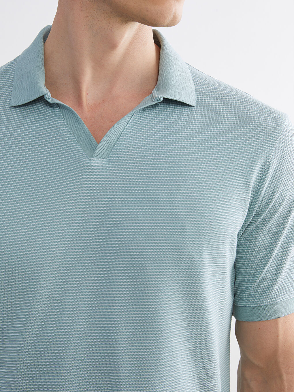 Yeşil Polo Yaka Çizgili Penye Erkek Tişört-2