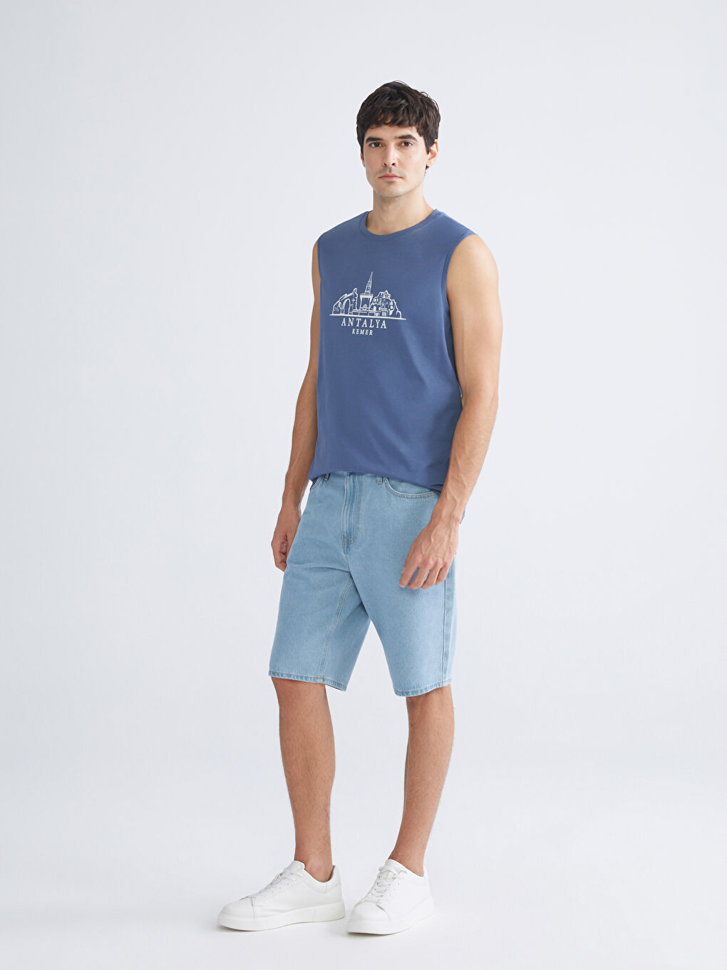 İndigo Bisiklet Yaka Baskılı Erkek Kolsuz Tişört-1