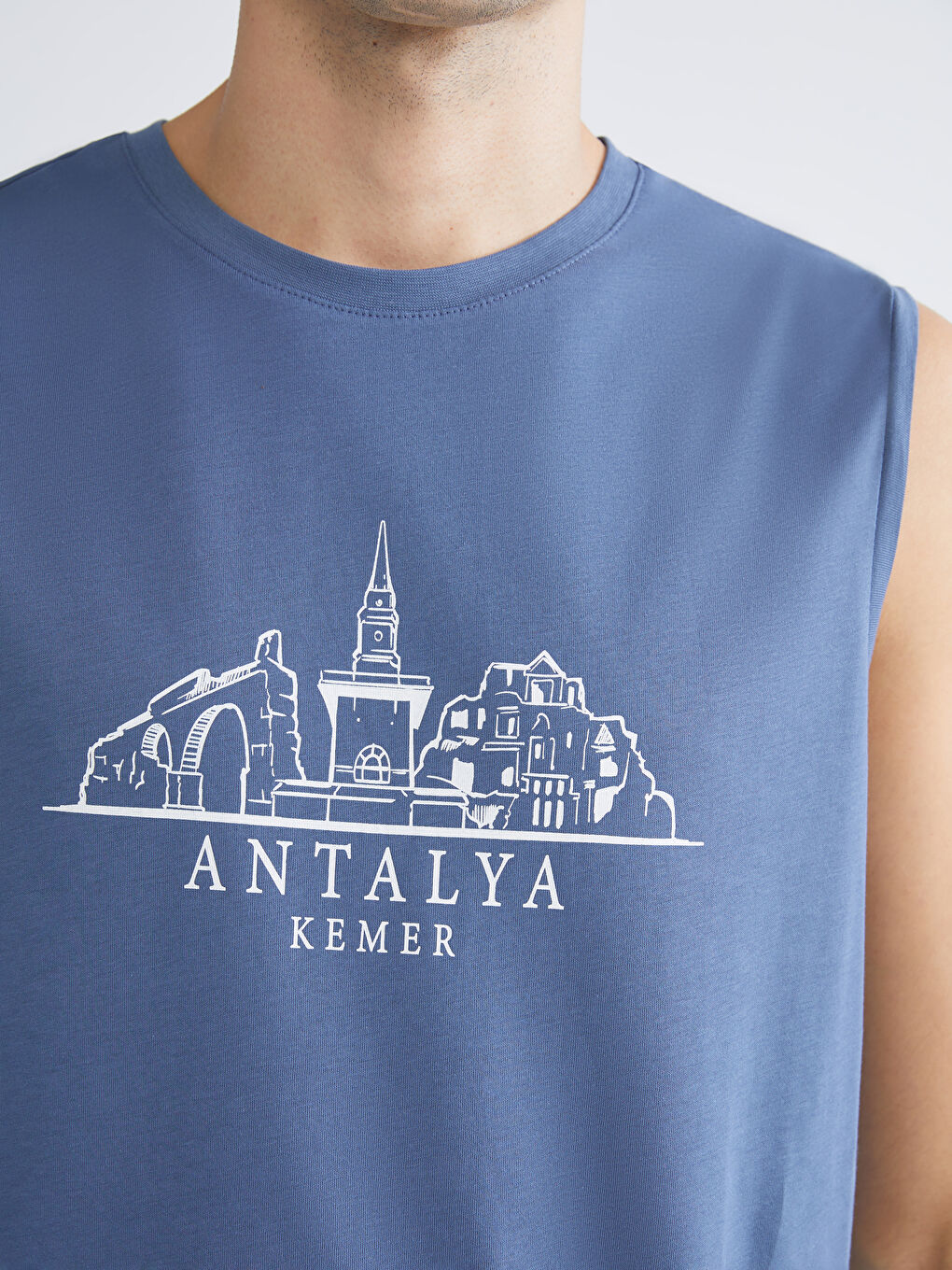 İndigo Bisiklet Yaka Baskılı Erkek Kolsuz Tişört-2