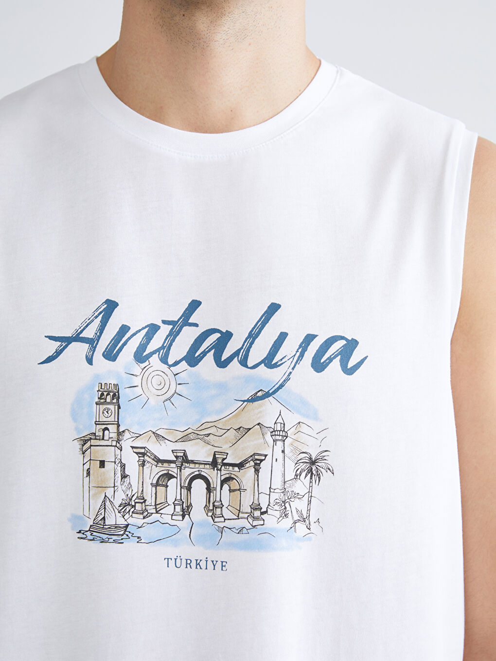 Ekru Bisiklet Yaka Baskılı Penye Erkek Kolsuz Tişört-2