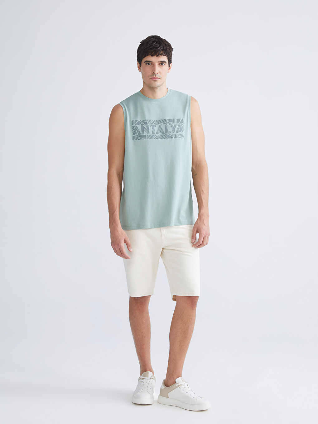 Yeşil Bisiklet Yaka Baskılı Penye Erkek Kolsuz Tişört-1