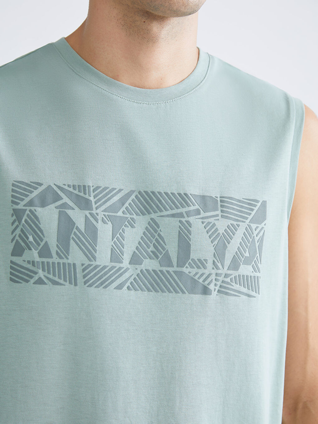 Yeşil Bisiklet Yaka Baskılı Penye Erkek Kolsuz Tişört-2