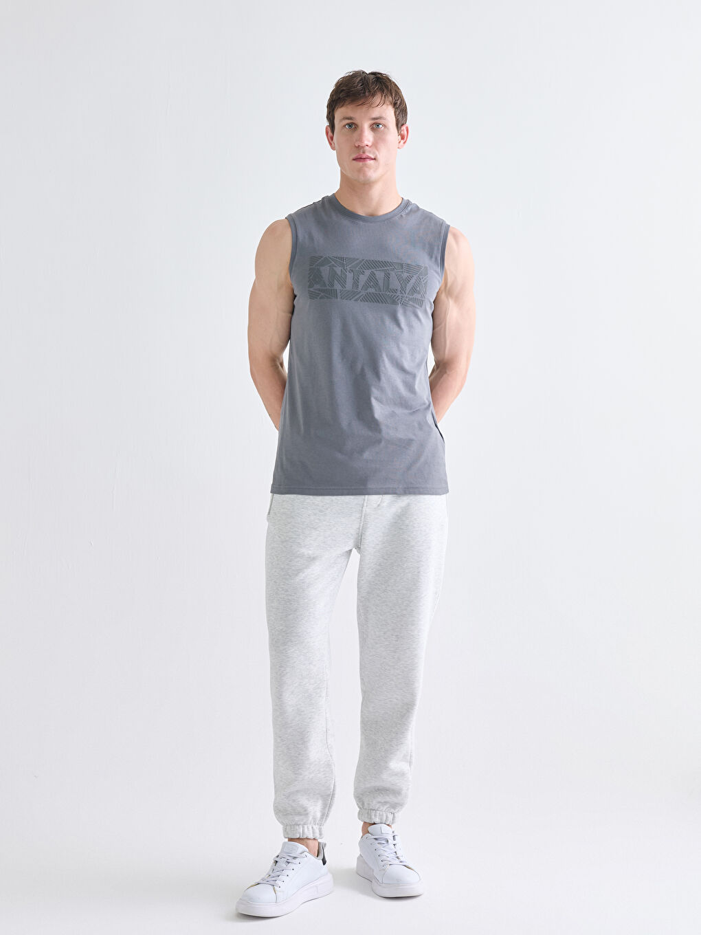 Antrasit Bisiklet Yaka Baskılı Penye Erkek Kolsuz Tişört