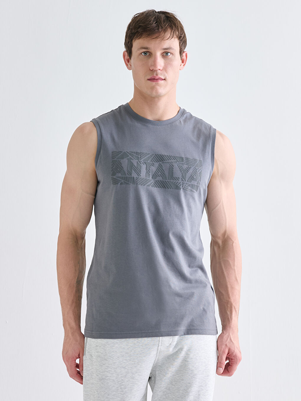 Antrasit Bisiklet Yaka Baskılı Penye Erkek Kolsuz Tişört-3