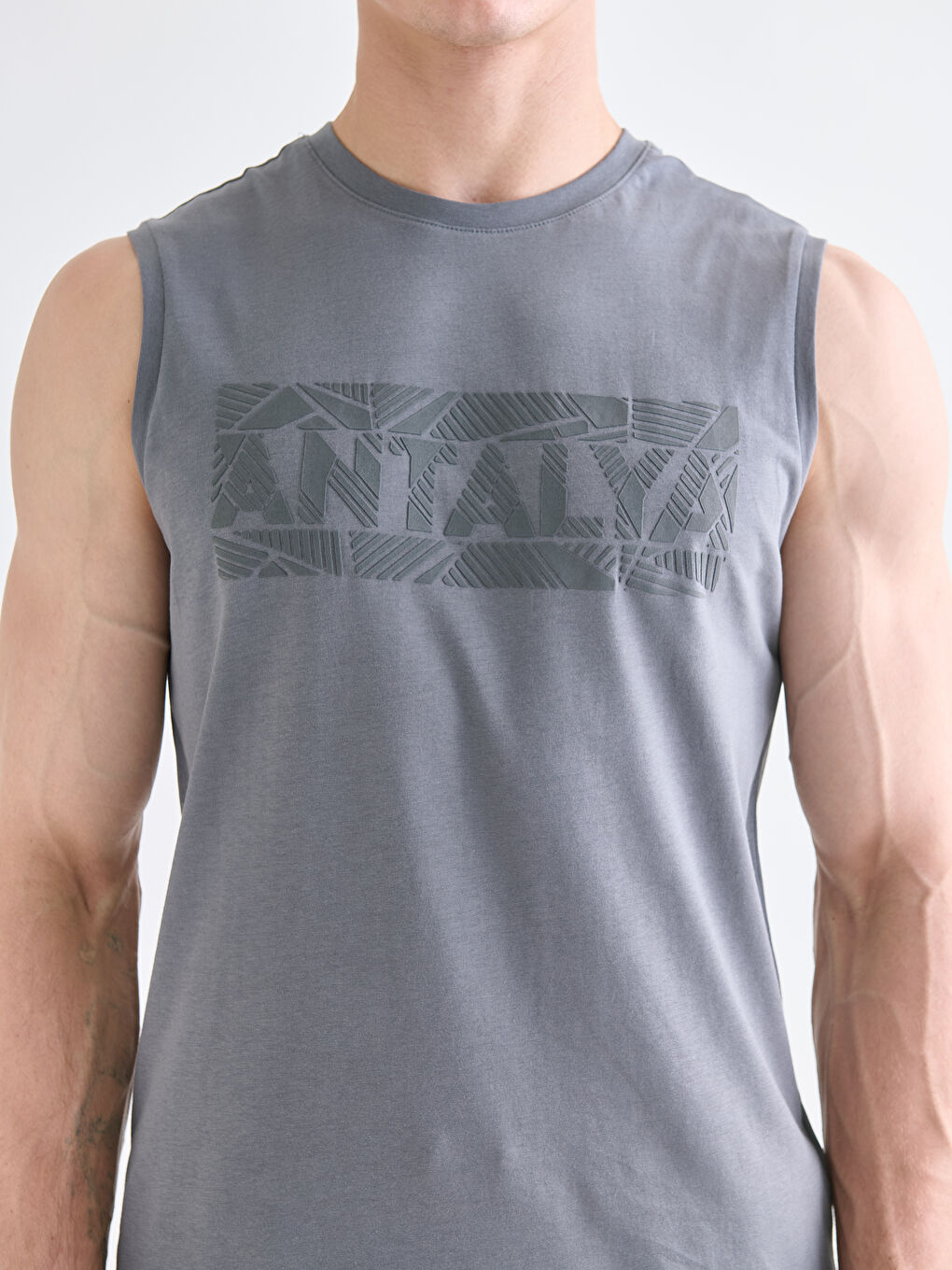 Antrasit Bisiklet Yaka Baskılı Penye Erkek Kolsuz Tişört-5