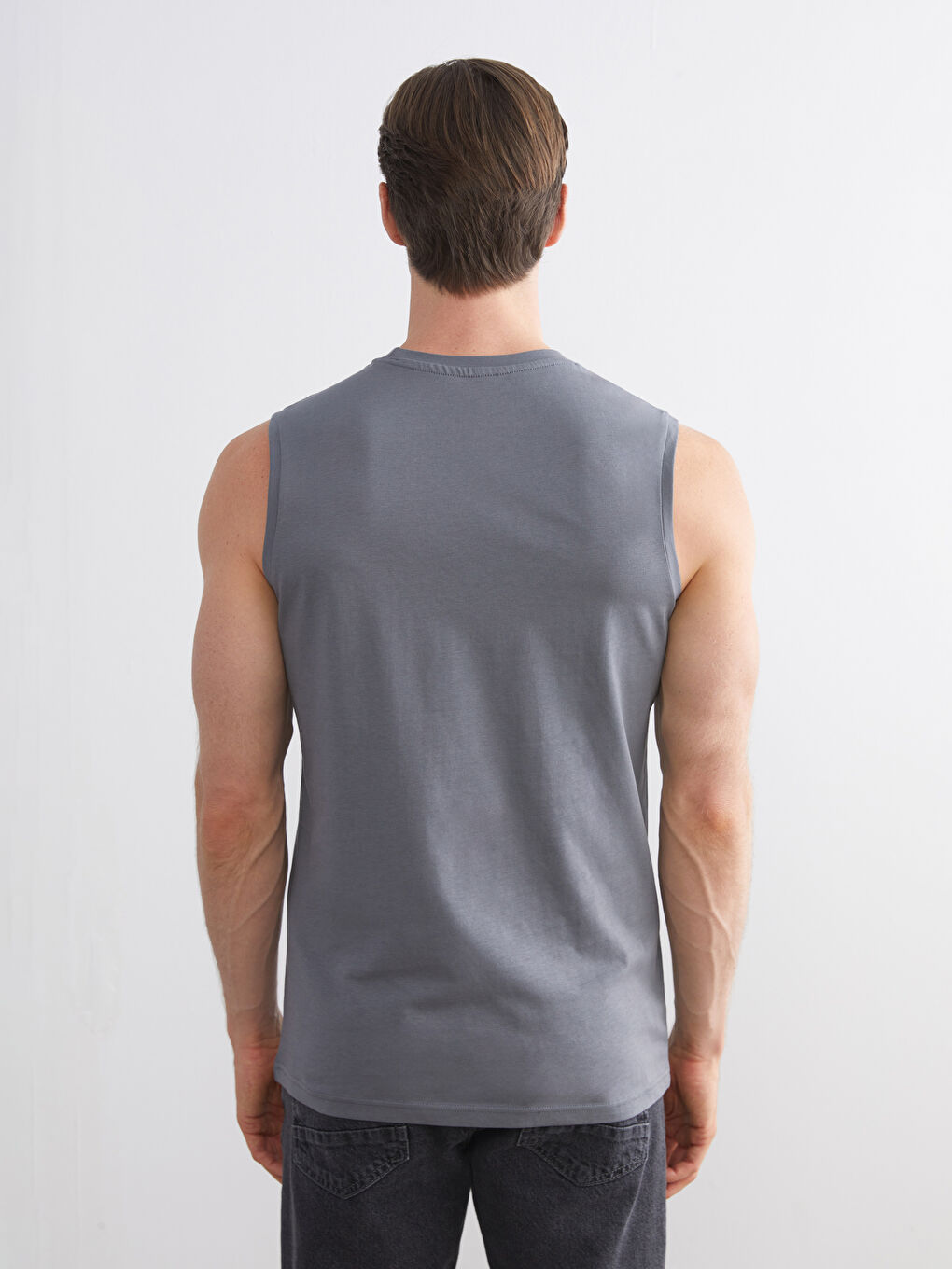 Antrasit Bisiklet Yaka Baskılı Penye Erkek Kolsuz Tişört-6