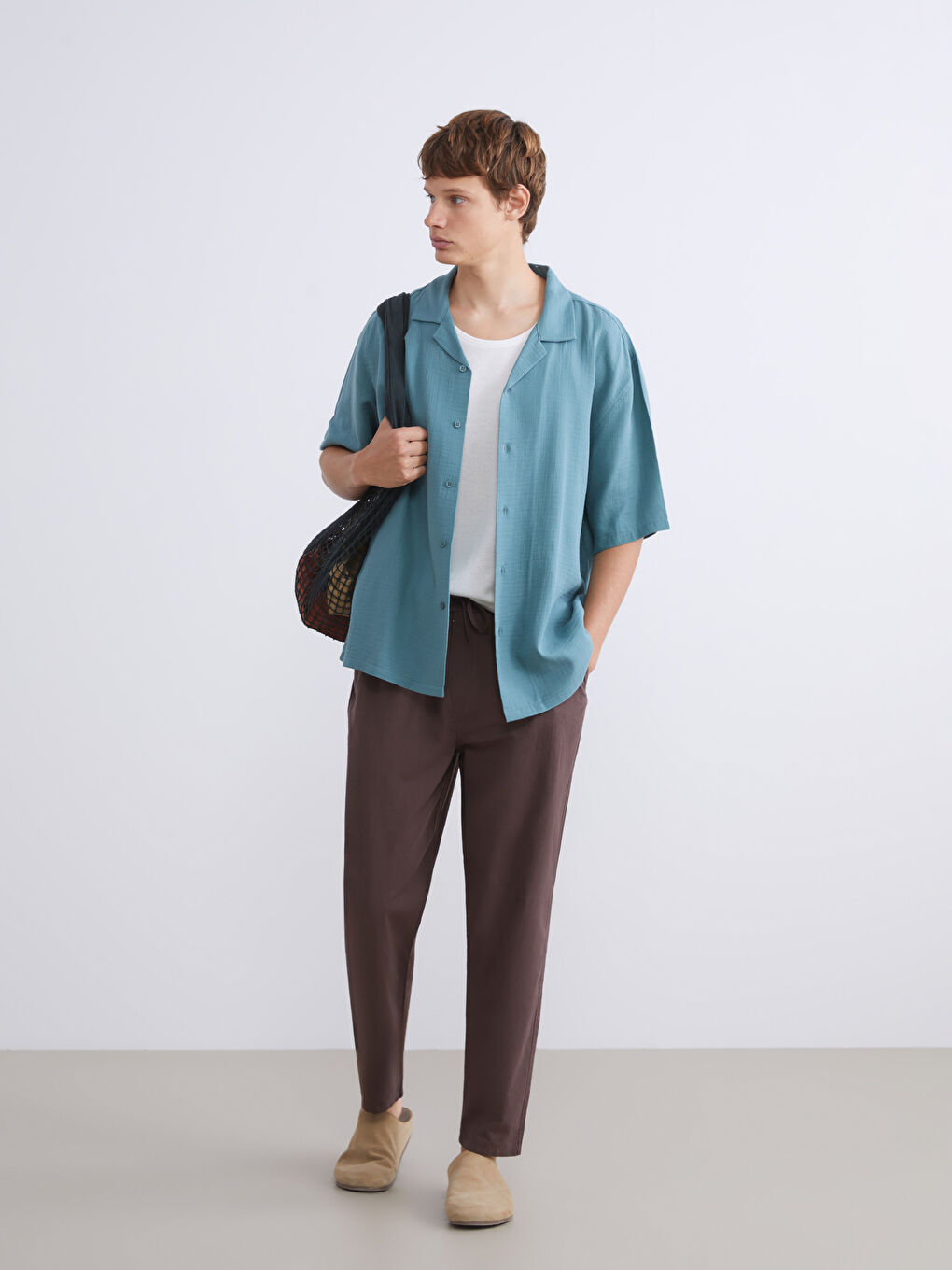 Petrol Rahat Kalıp Resort Yaka Kısa Kollu Müslin Erkek Gömlek-1