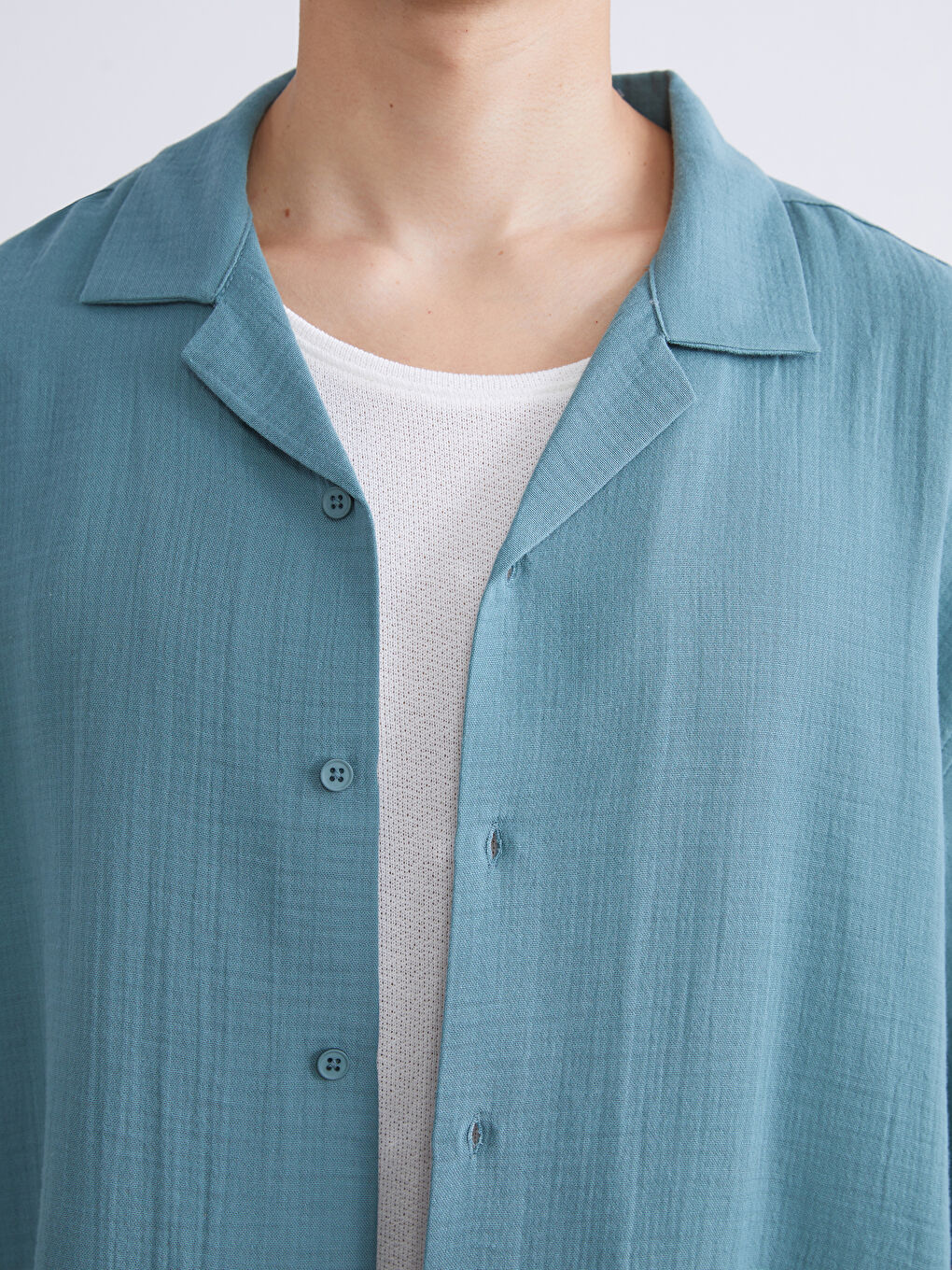 Petrol Rahat Kalıp Resort Yaka Kısa Kollu Müslin Erkek Gömlek-2