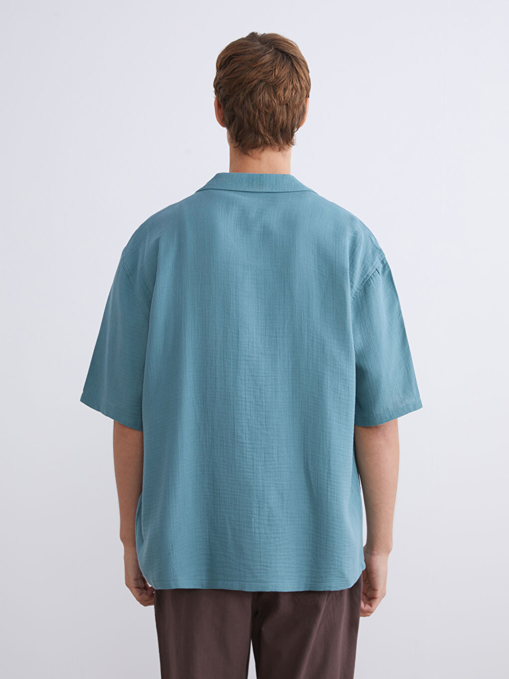 Petrol Rahat Kalıp Resort Yaka Kısa Kollu Müslin Erkek Gömlek-3