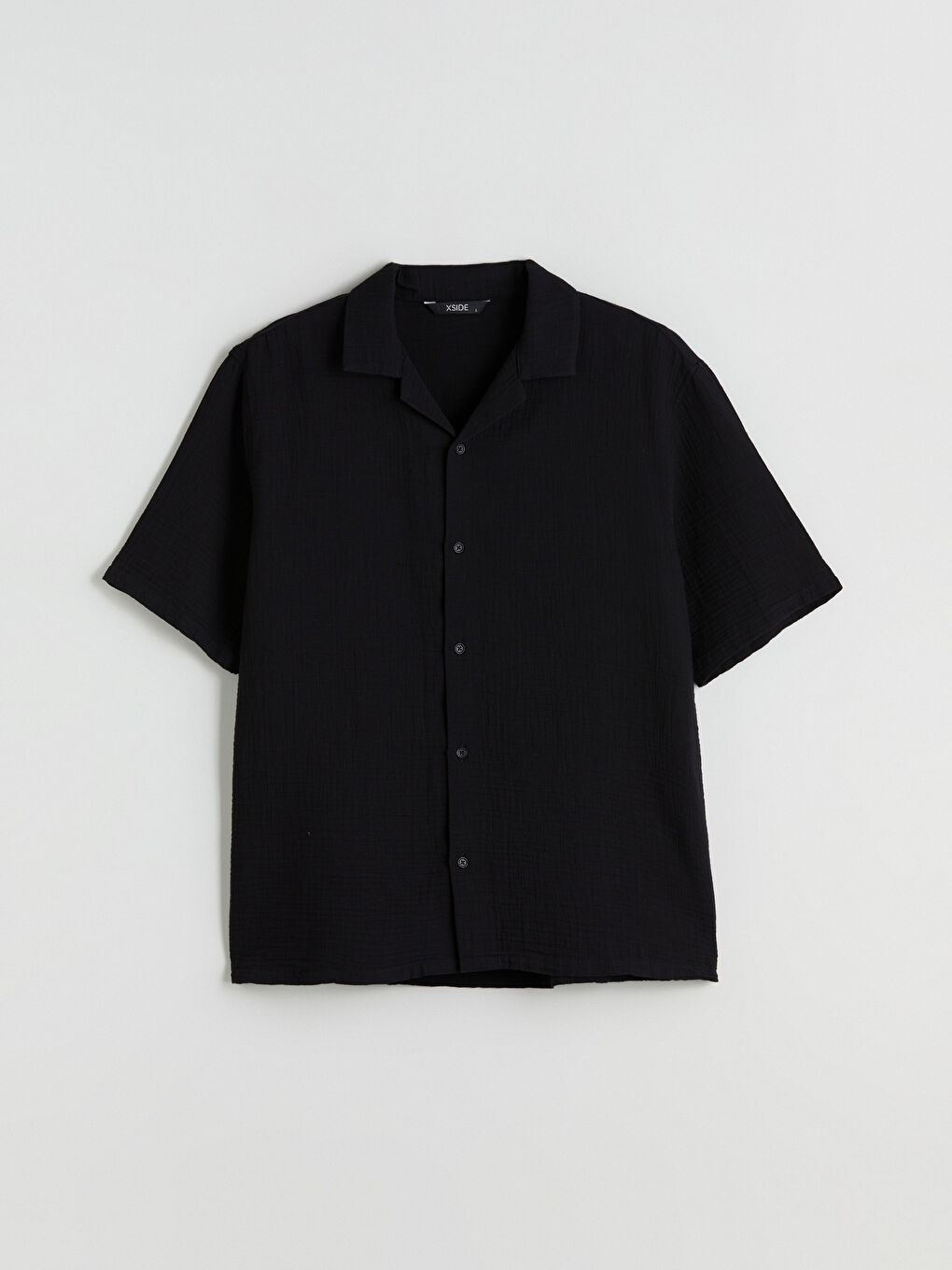 Siyah Rahat Kalıp Resort Yaka Kısa Kollu Müslin Erkek Gömlek-4