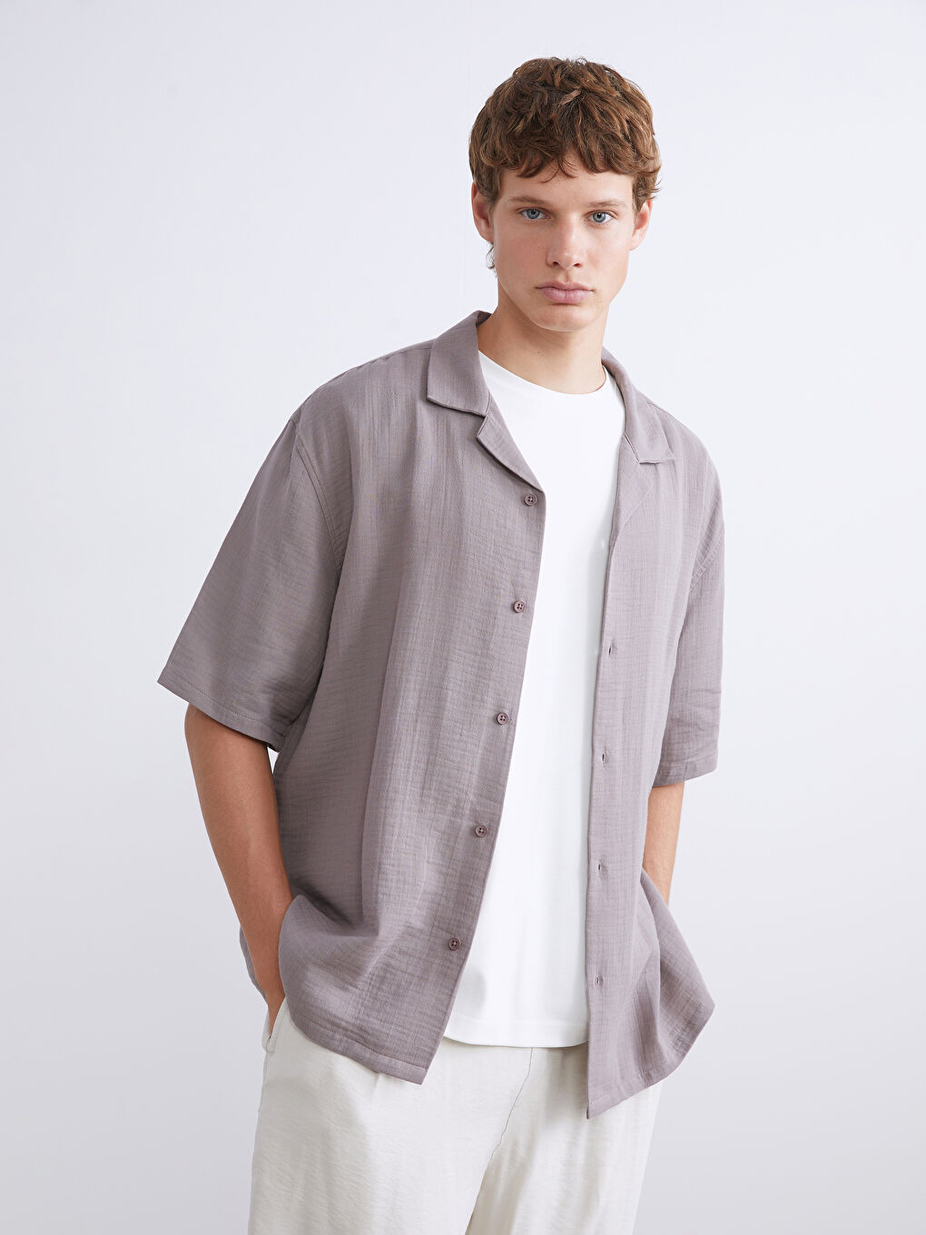 Lila Rahat Kalıp Resort Yaka Kısa Kollu Müslin Erkek Gömlek