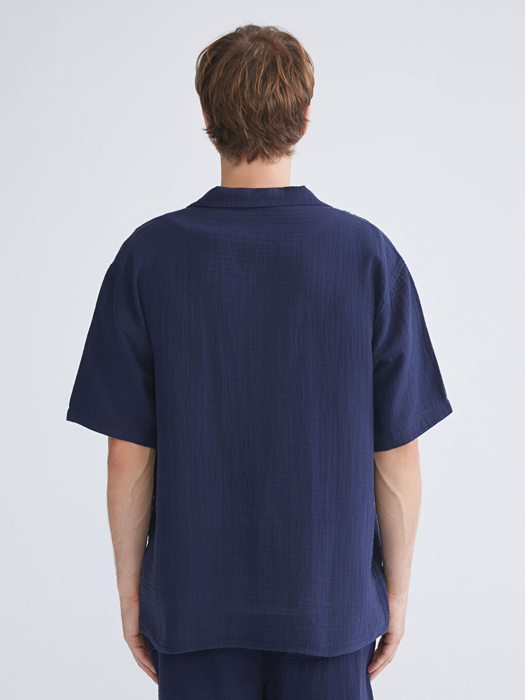 Lacivert Rahat Kalıp Resort Yaka Kısa Kollu Müslin Erkek Gömlek-7
