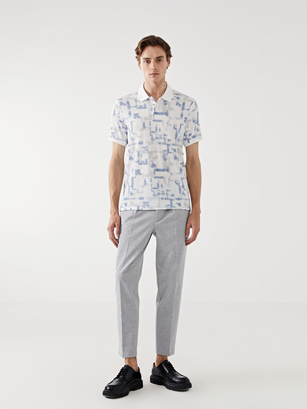 Mavi Polo Yaka Kısa Kollu Desenli Erkek Tişört-1