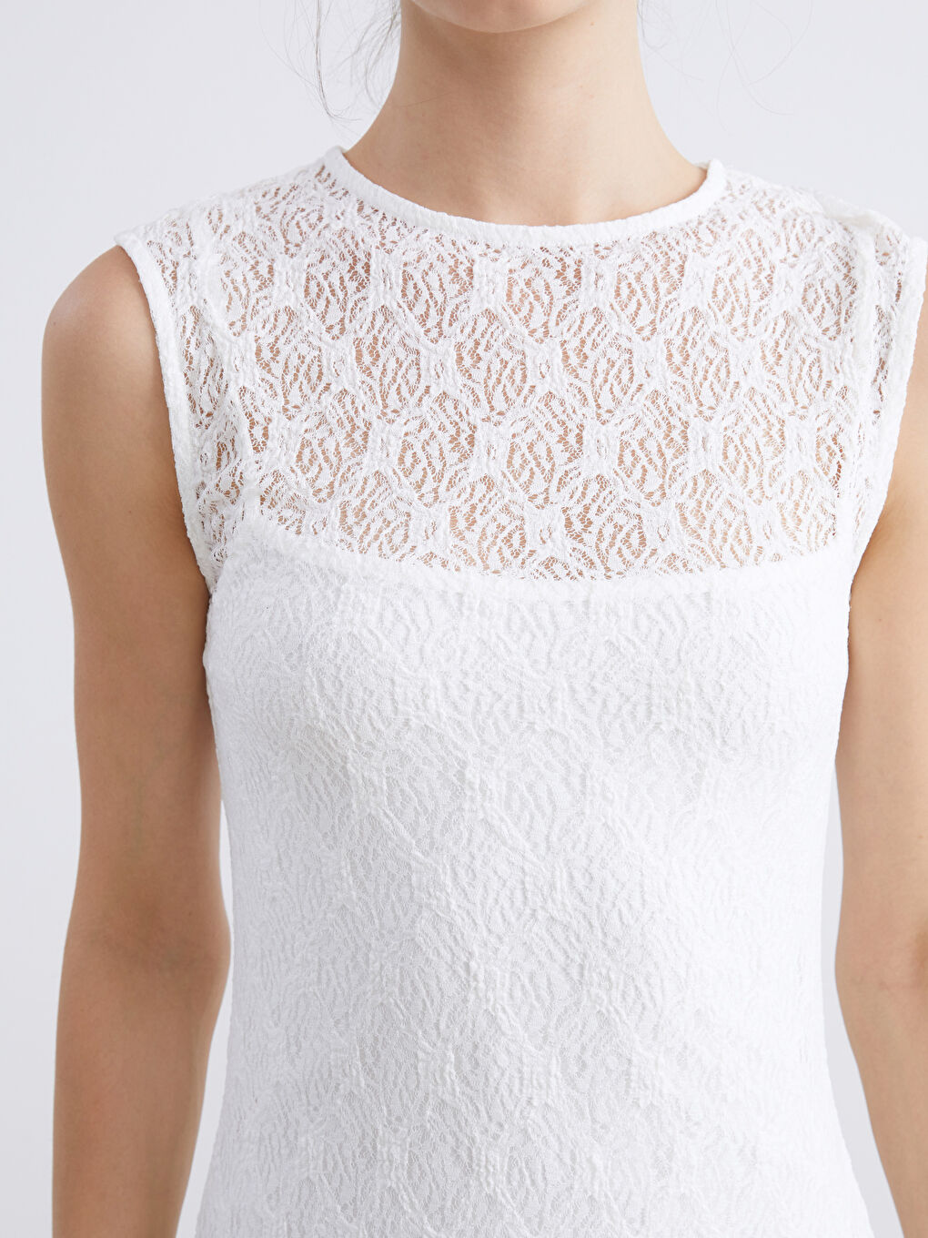 Ekru Bisiklet Yaka Dantelli Elbise-2