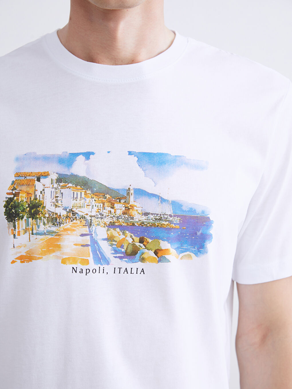 Beyaz Bisiklet Yaka Baskılı Penye Erkek Tişört-2