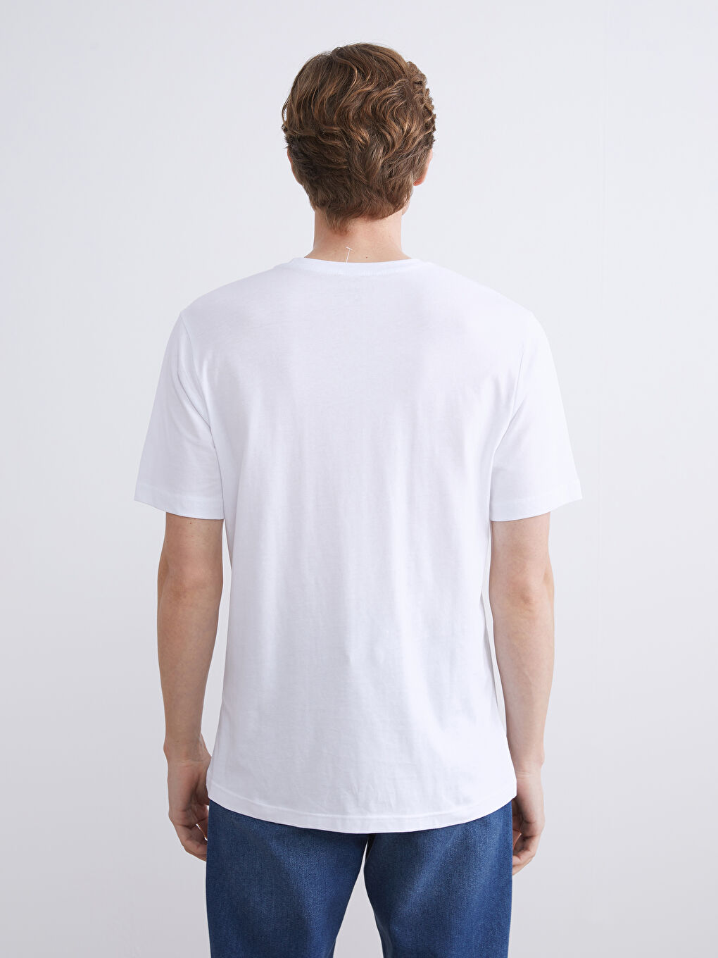 Beyaz Bisiklet Yaka Baskılı Penye Erkek Tişört-3