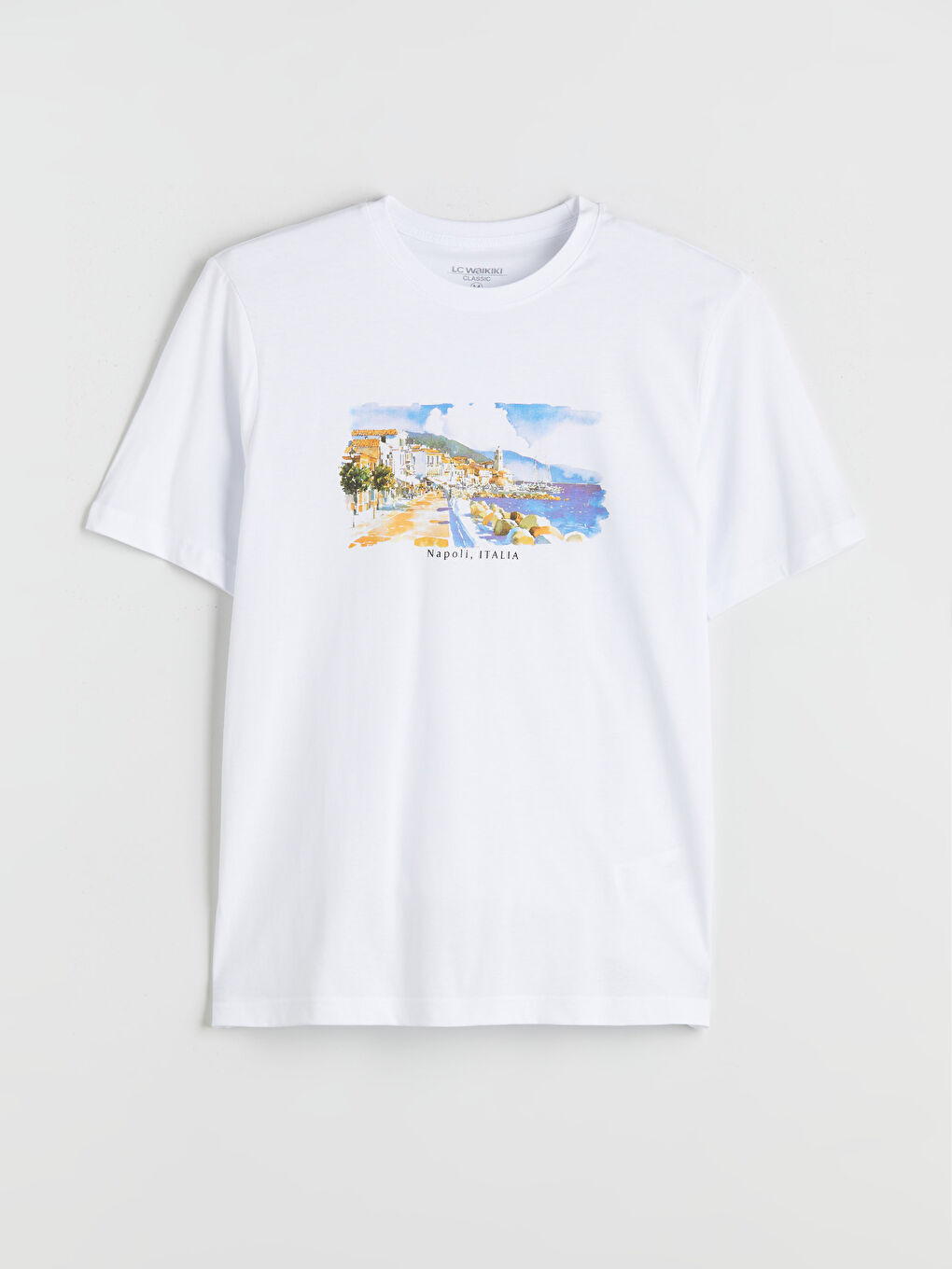 Beyaz Bisiklet Yaka Baskılı Penye Erkek Tişört-4