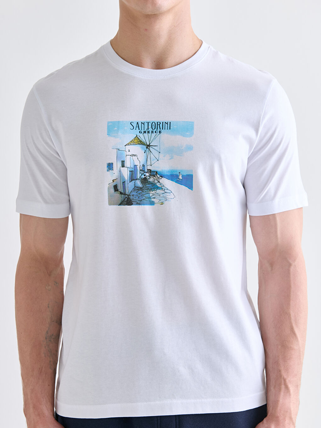 Beyaz Bisiklet Yaka Santorini Baskılı Erkek Tişört-2