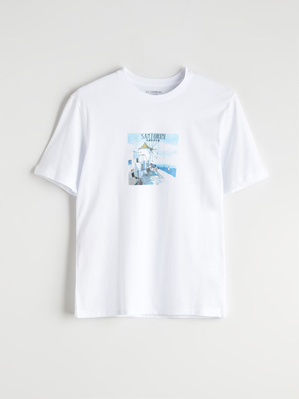 Beyaz Bisiklet Yaka Santorini Baskılı Erkek Tişört-4