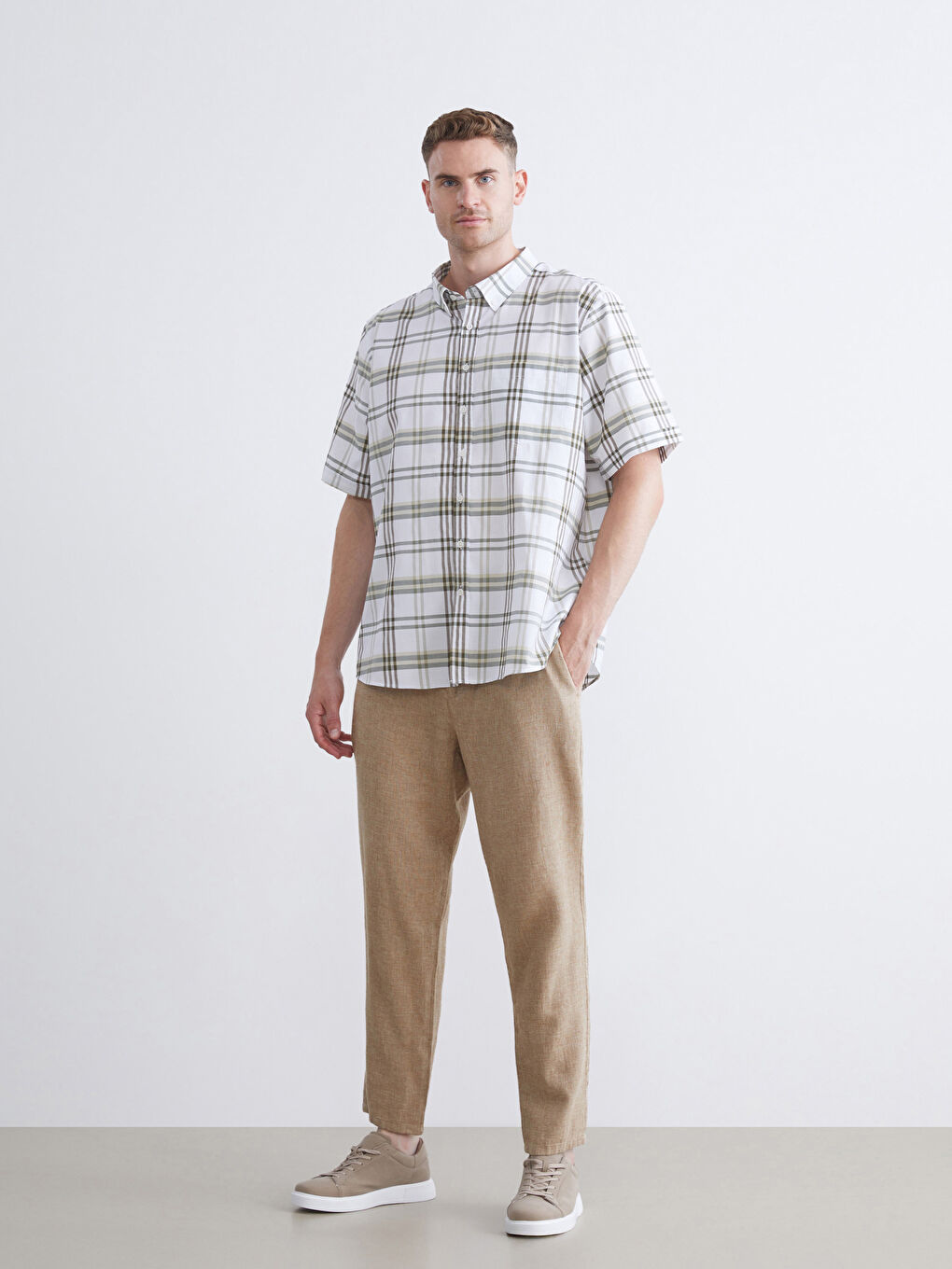 Yeşil Regular Fit Kısa Kollu Ekose Erkek Gömlek-3