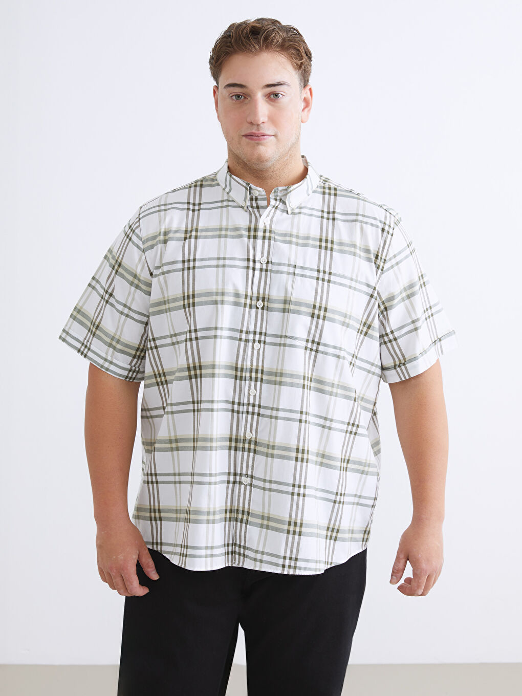 Yeşil Regular Fit Kısa Kollu Ekose Erkek Gömlek-1