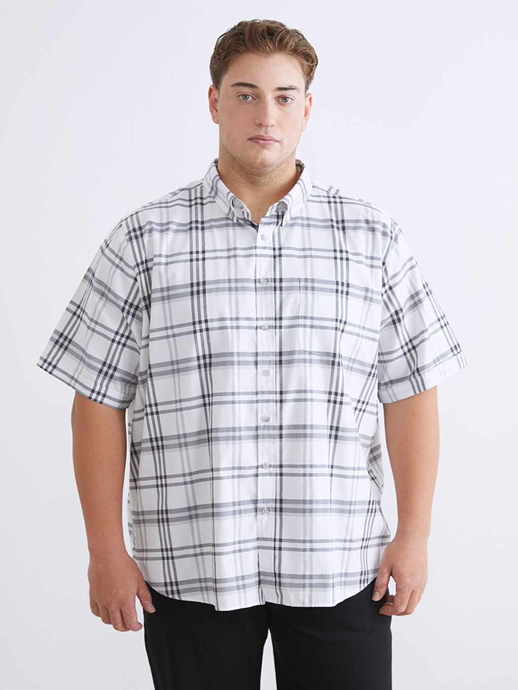 Gri Regular Fit Kısa Kollu Ekose Erkek Gömlek-1