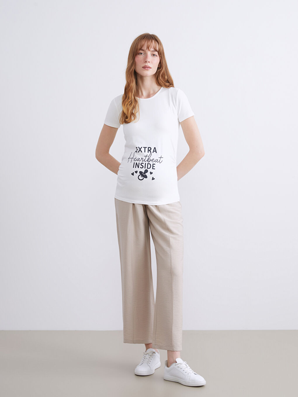 Bej Karın Panelli Geniş Paça Hamile Pantolon