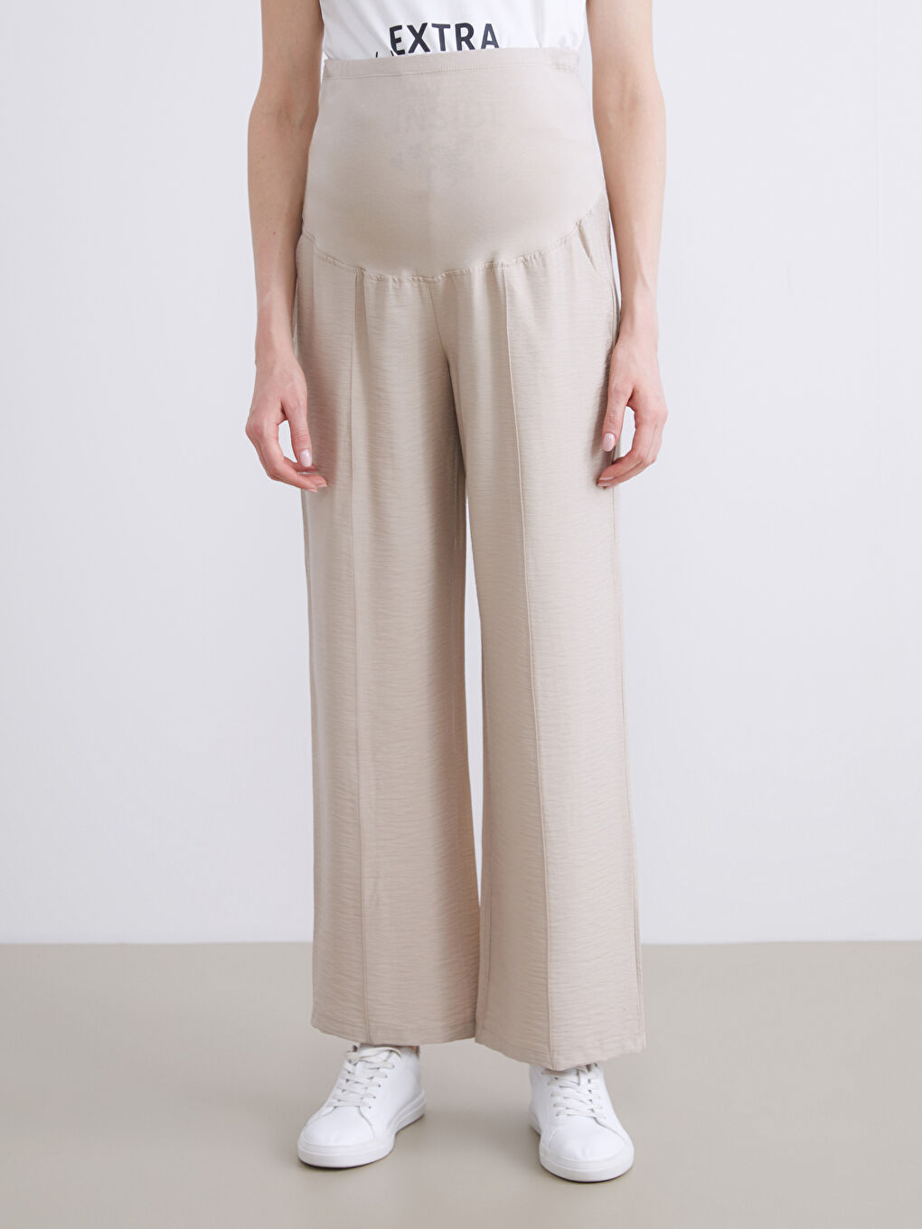 Bej Karın Panelli Geniş Paça Hamile Pantolon-1