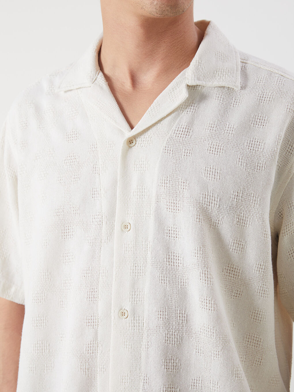 Ekru Regular Fit Kısa Kollu Armürlü Erkek Gömlek-5