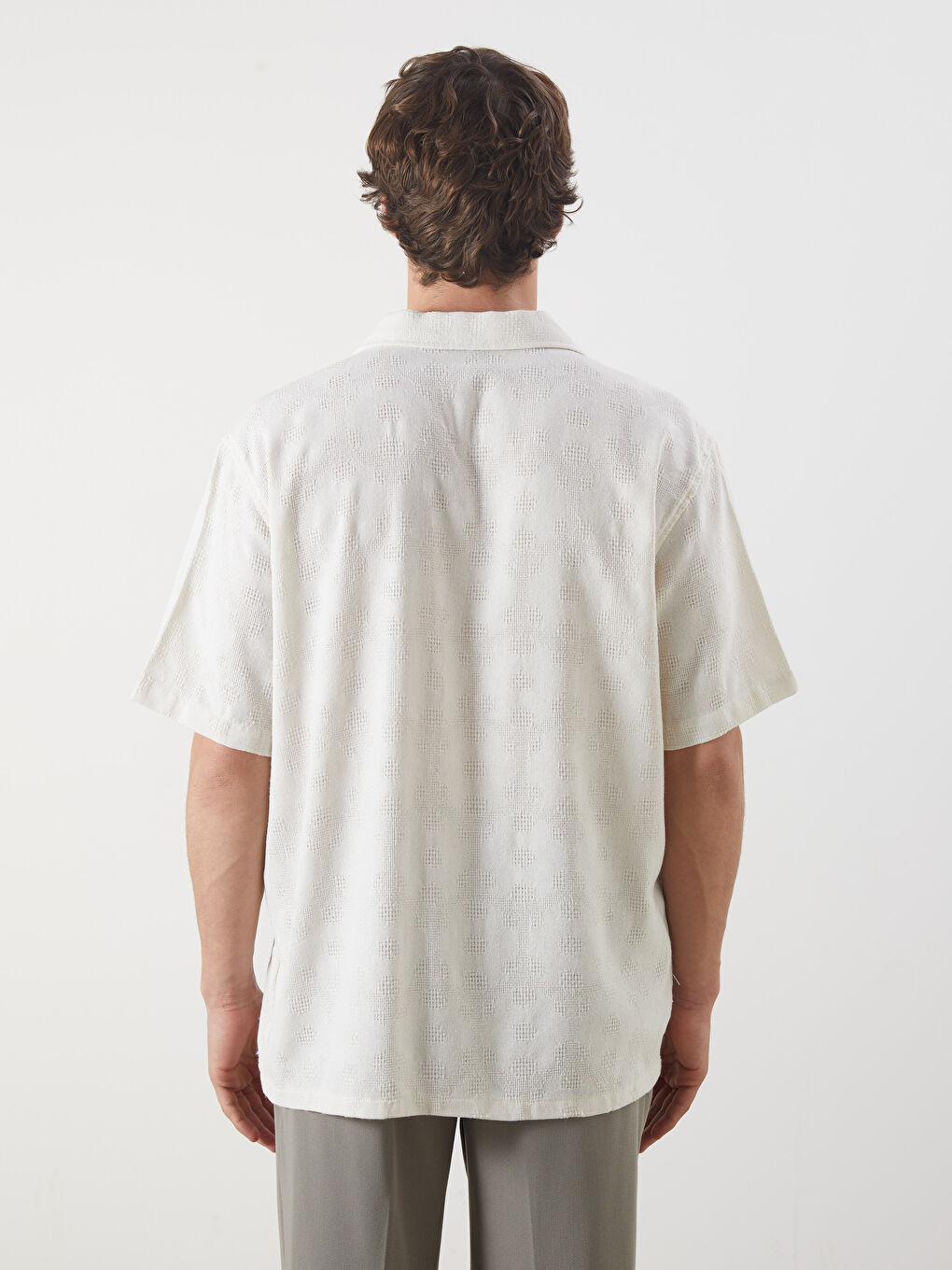 Ekru Regular Fit Kısa Kollu Armürlü Erkek Gömlek-7