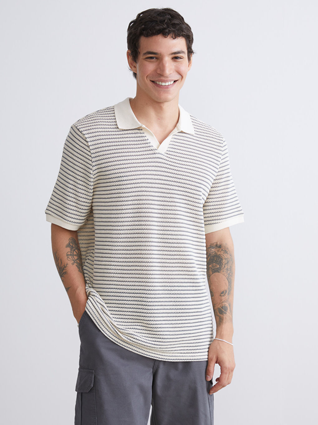 Yeşil Polo Yaka Çizgili Erkek Tişört