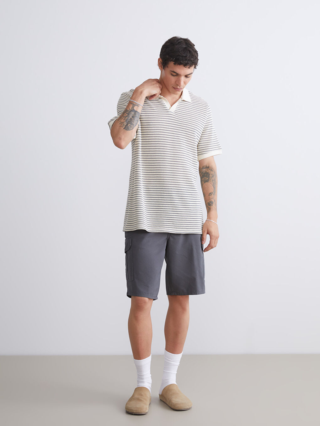 Yeşil Polo Yaka Çizgili Erkek Tişört-1