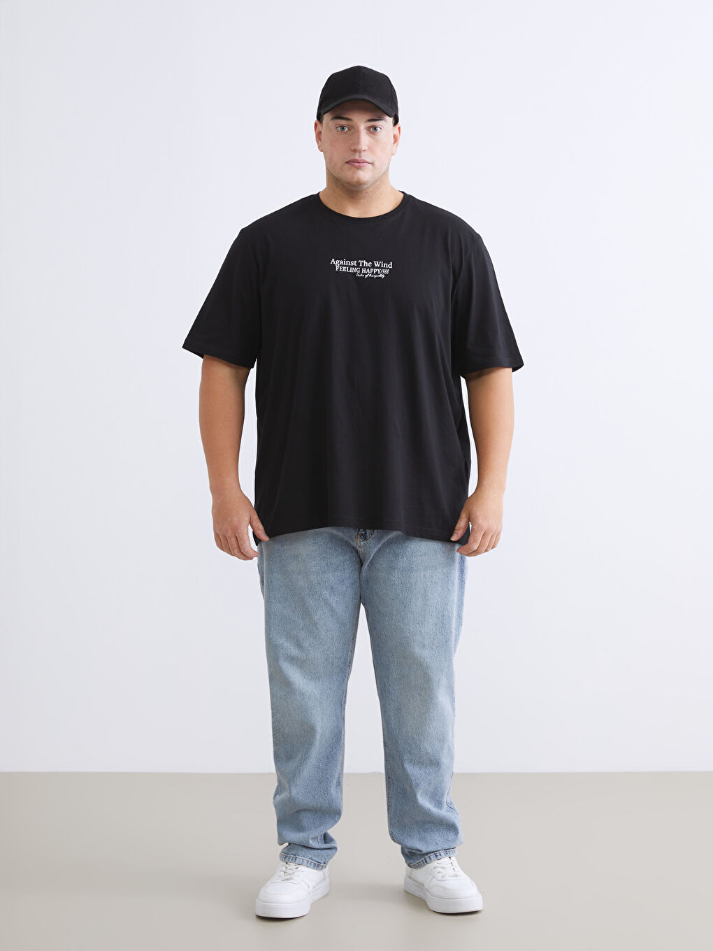 Siyah Büyük Beden Bisiklet Yaka Baskılı Penye Erkek Tişört-1