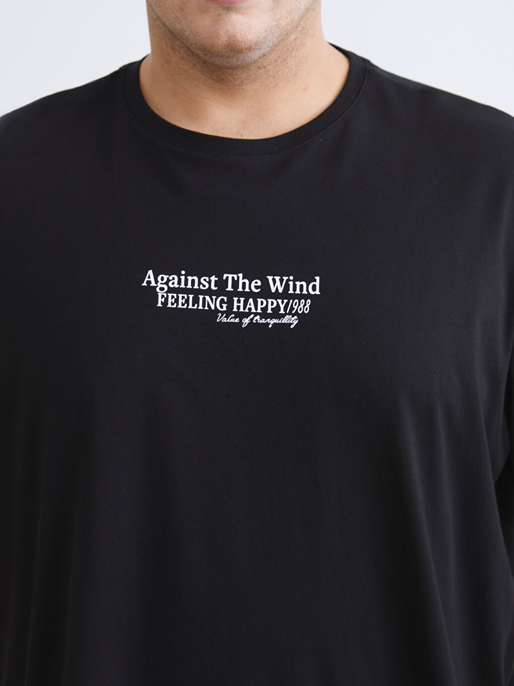 Siyah Büyük Beden Bisiklet Yaka Baskılı Penye Erkek Tişört-2