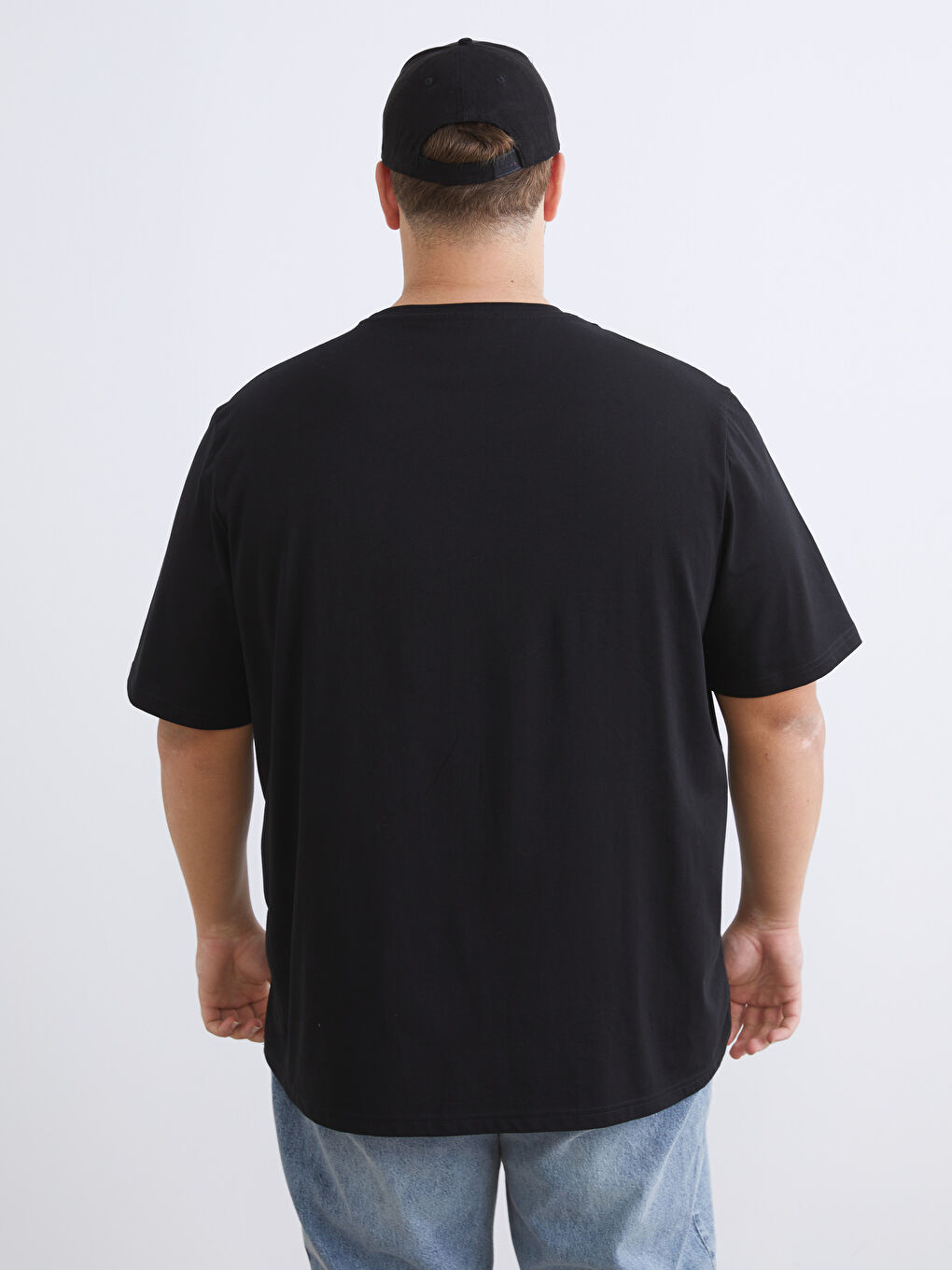 Siyah Büyük Beden Bisiklet Yaka Baskılı Penye Erkek Tişört-3