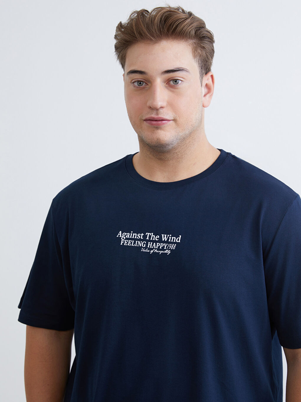 Lacivert Büyük Beden Bisiklet Yaka Baskılı Penye Erkek Tişört