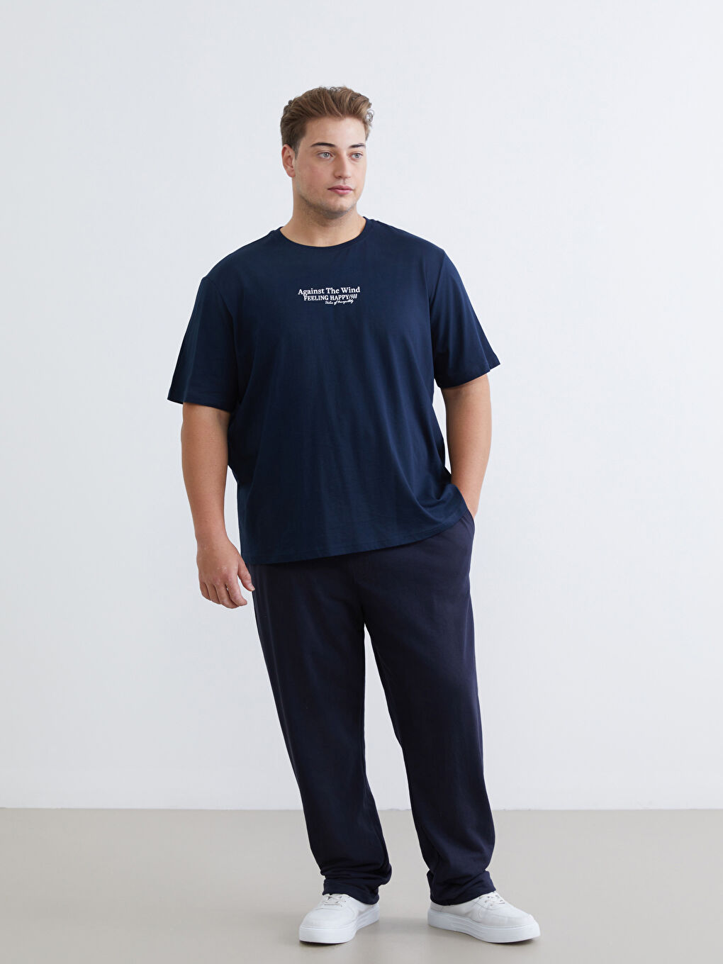 Lacivert Büyük Beden Bisiklet Yaka Baskılı Penye Erkek Tişört-1