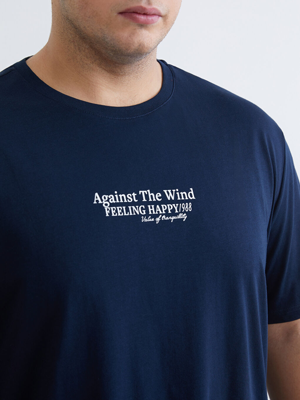 Lacivert Büyük Beden Bisiklet Yaka Baskılı Penye Erkek Tişört-2