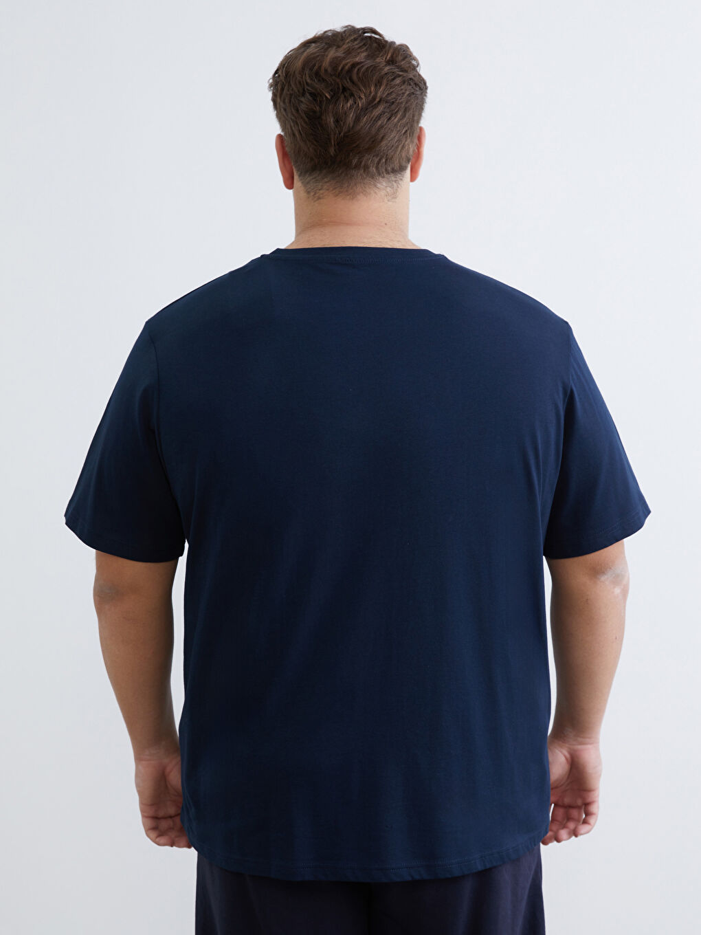 Lacivert Büyük Beden Bisiklet Yaka Baskılı Penye Erkek Tişört-3