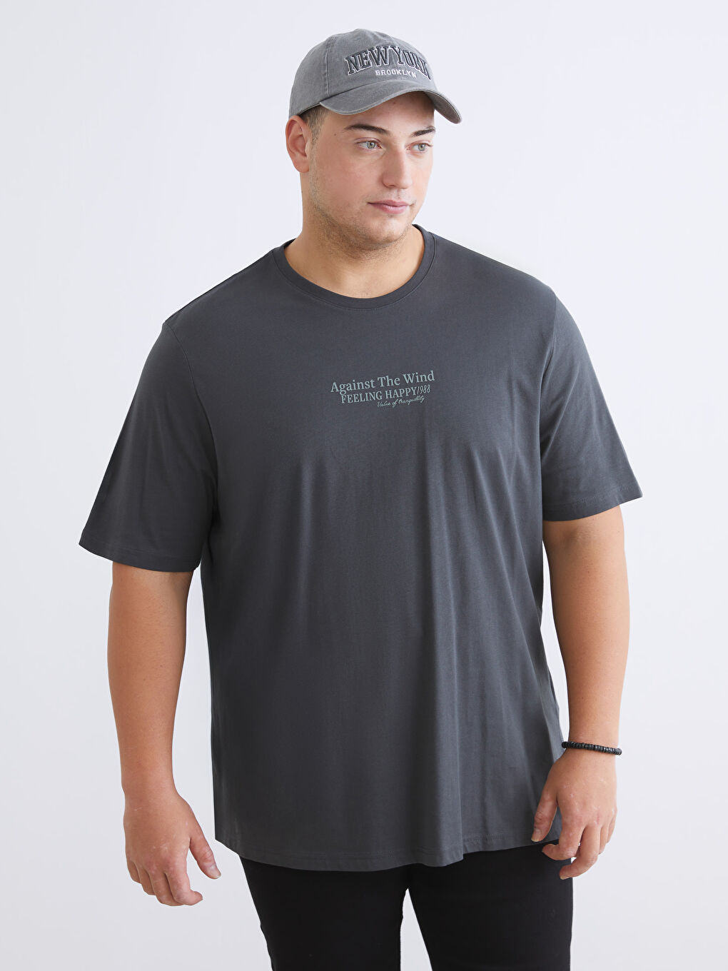 Antrasit Büyük Beden Bisiklet Yaka Baskılı Penye Erkek Tişört