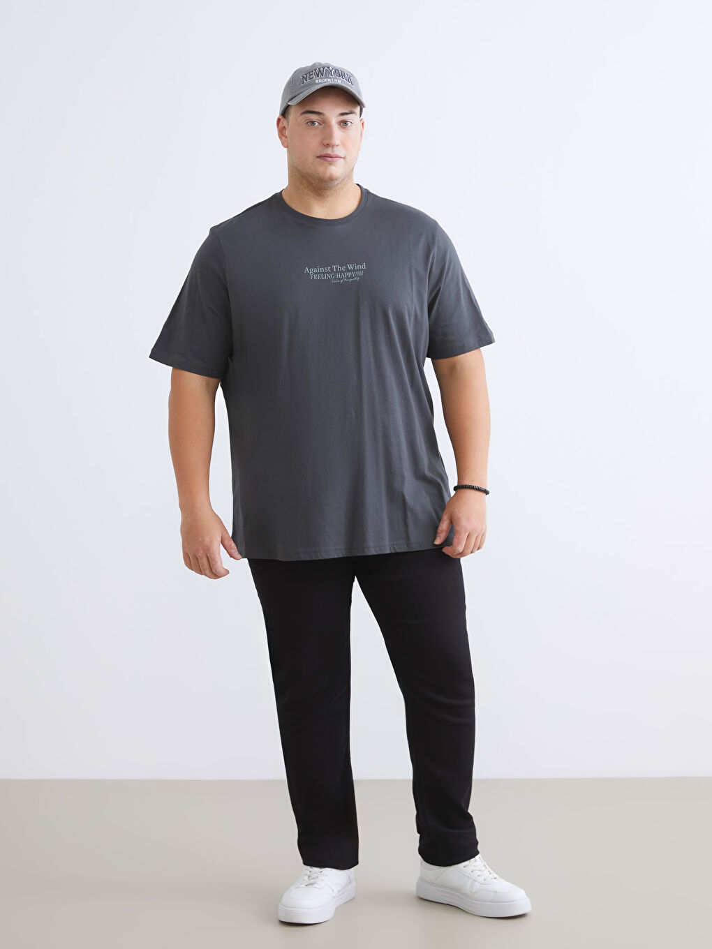 Antrasit Büyük Beden Bisiklet Yaka Baskılı Penye Erkek Tişört-1