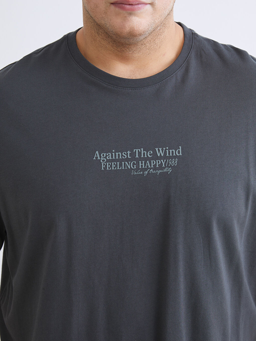 Antrasit Büyük Beden Bisiklet Yaka Baskılı Penye Erkek Tişört-2