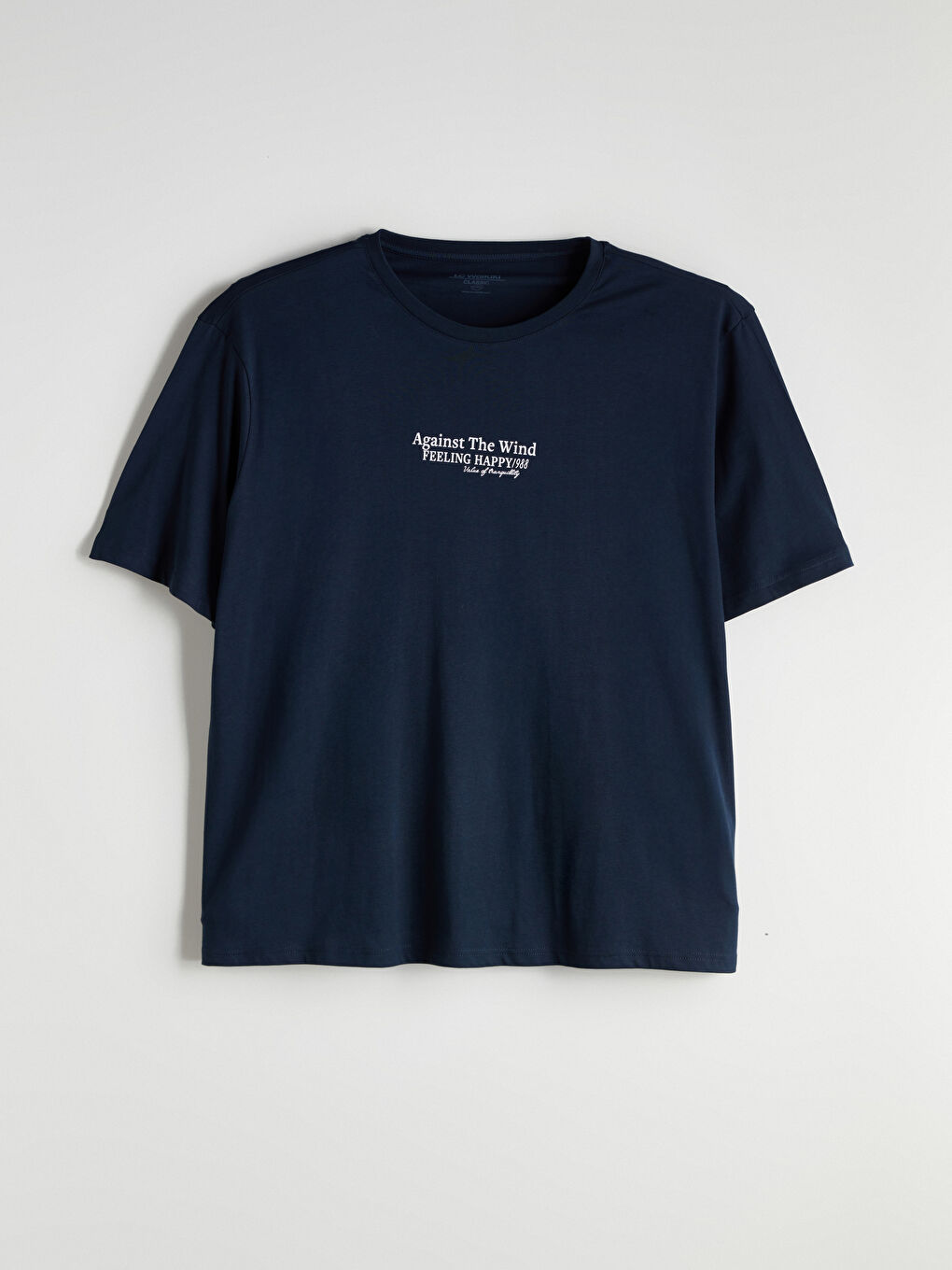 Lacivert Büyük Beden Bisiklet Yaka Baskılı Penye Erkek Tişört-4