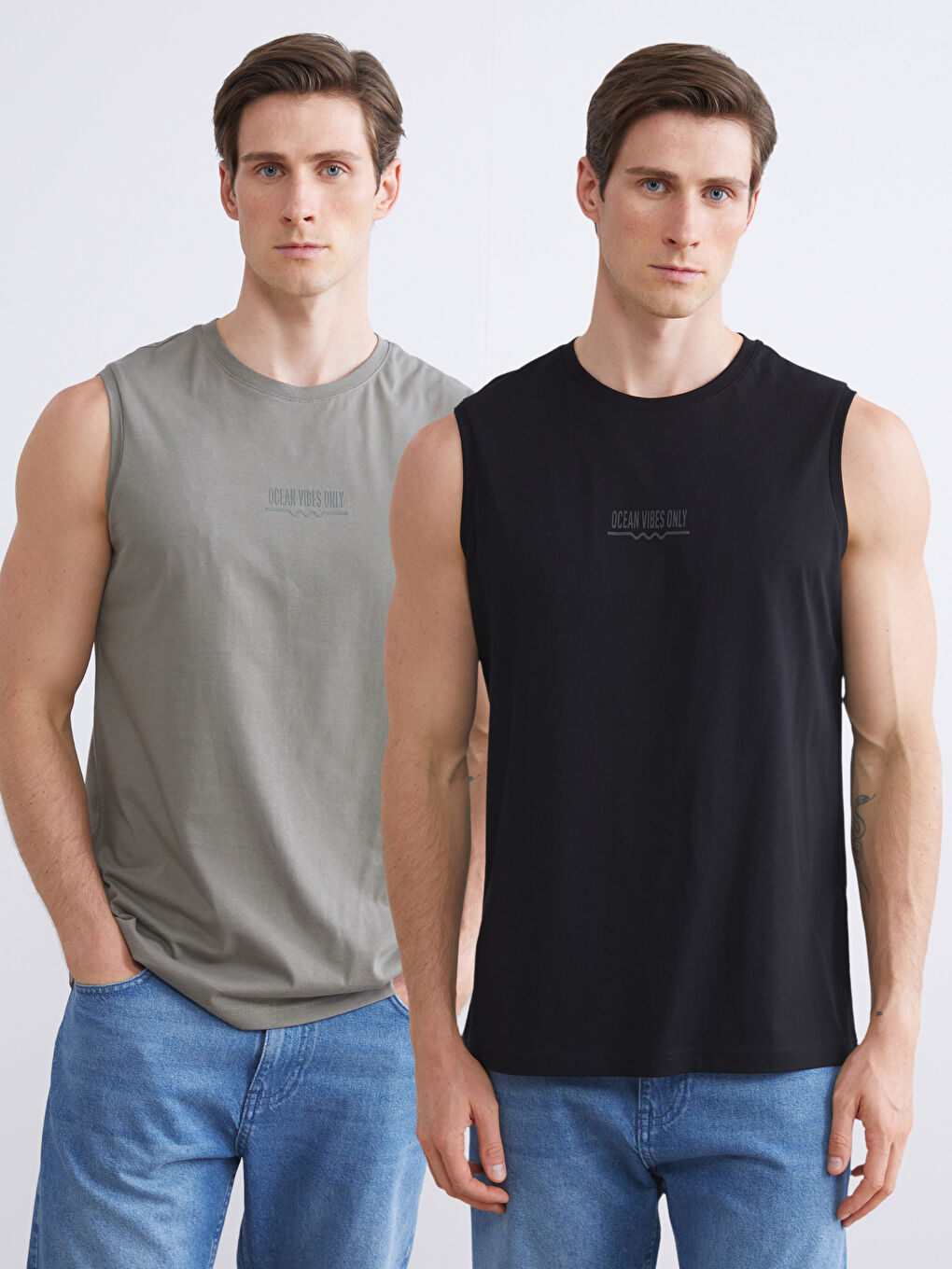 Siyah Bisiklet Yaka Baskılı Penye Erkek Kolsuz Tişört 2'li Paket