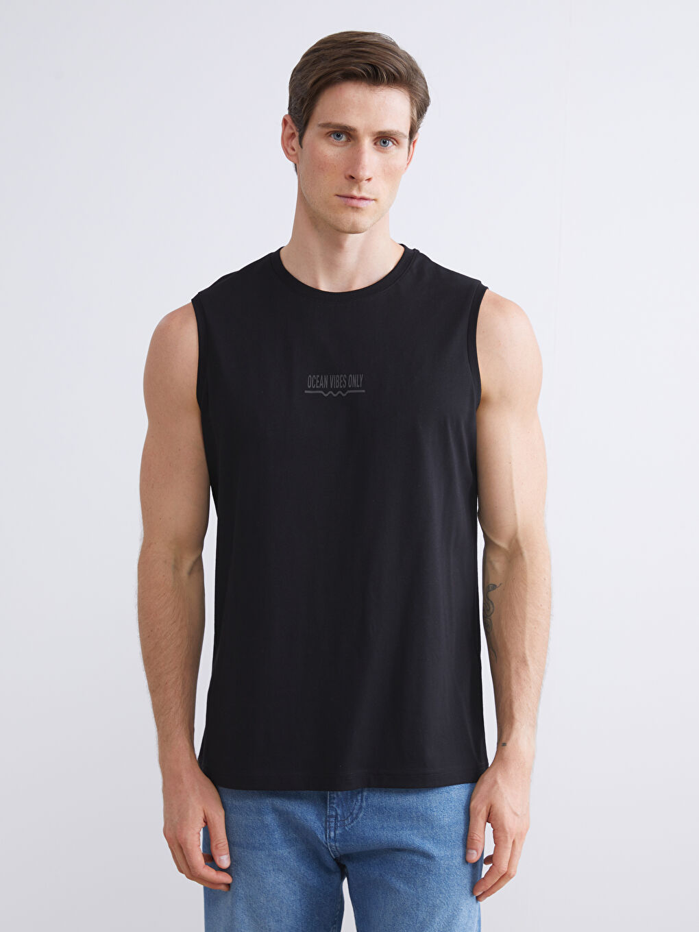 Siyah Bisiklet Yaka Baskılı Penye Erkek Kolsuz Tişört 2'li Paket-2