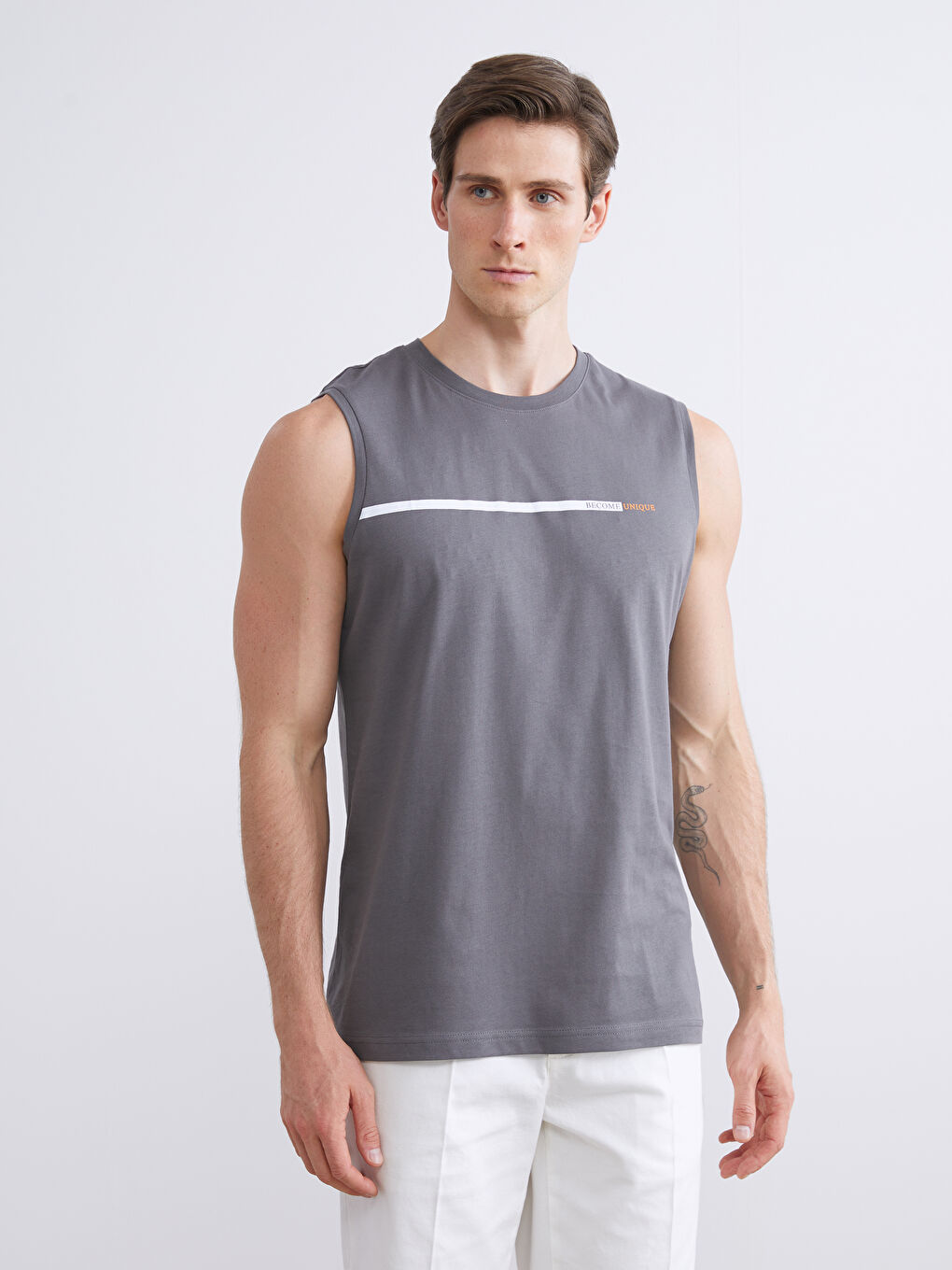 Gri Bisiklet Yaka Baskılı Penye Erkek Kolsuz Tişört 2'li Paket-2